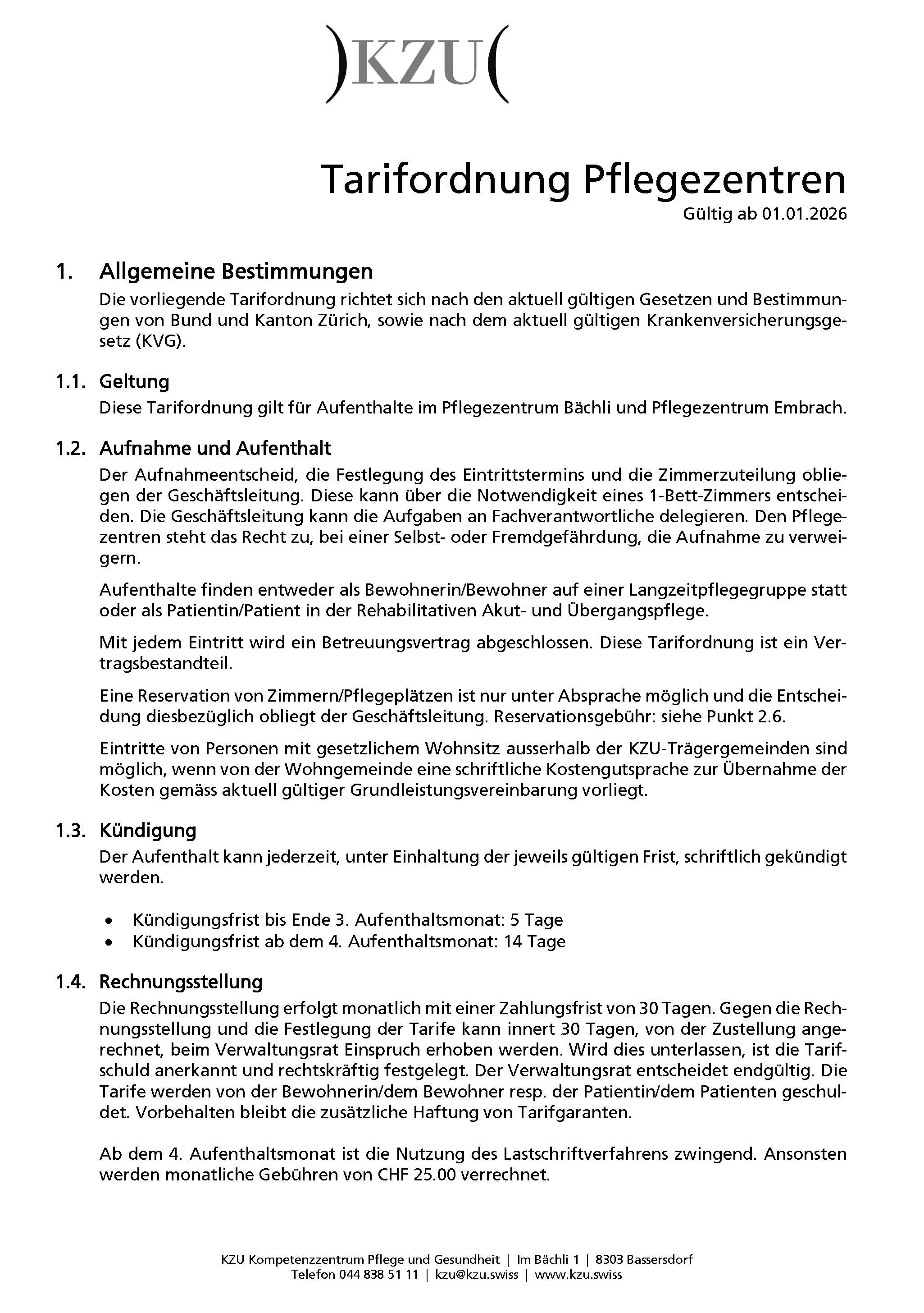 Tarifordnung Pflegezentren 2026