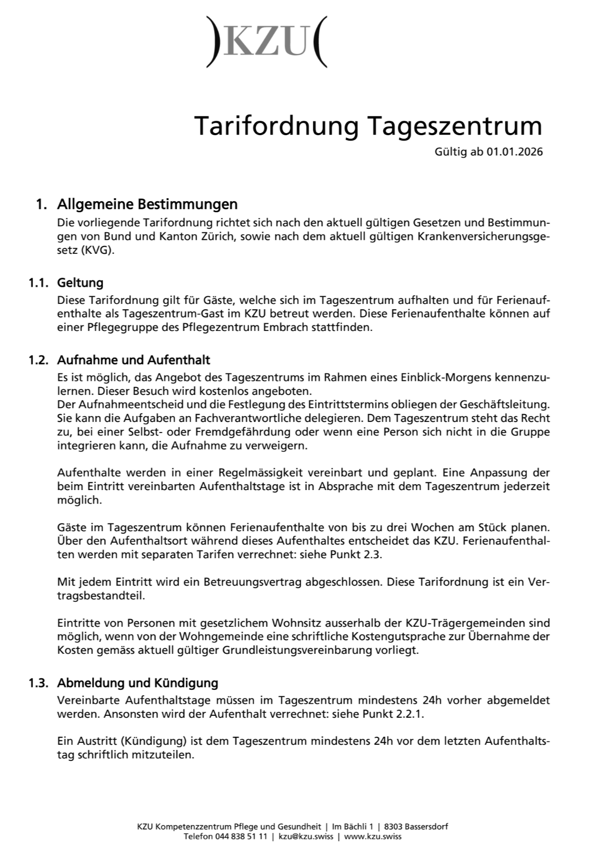 Tarifordnung Tageszentrum 2026