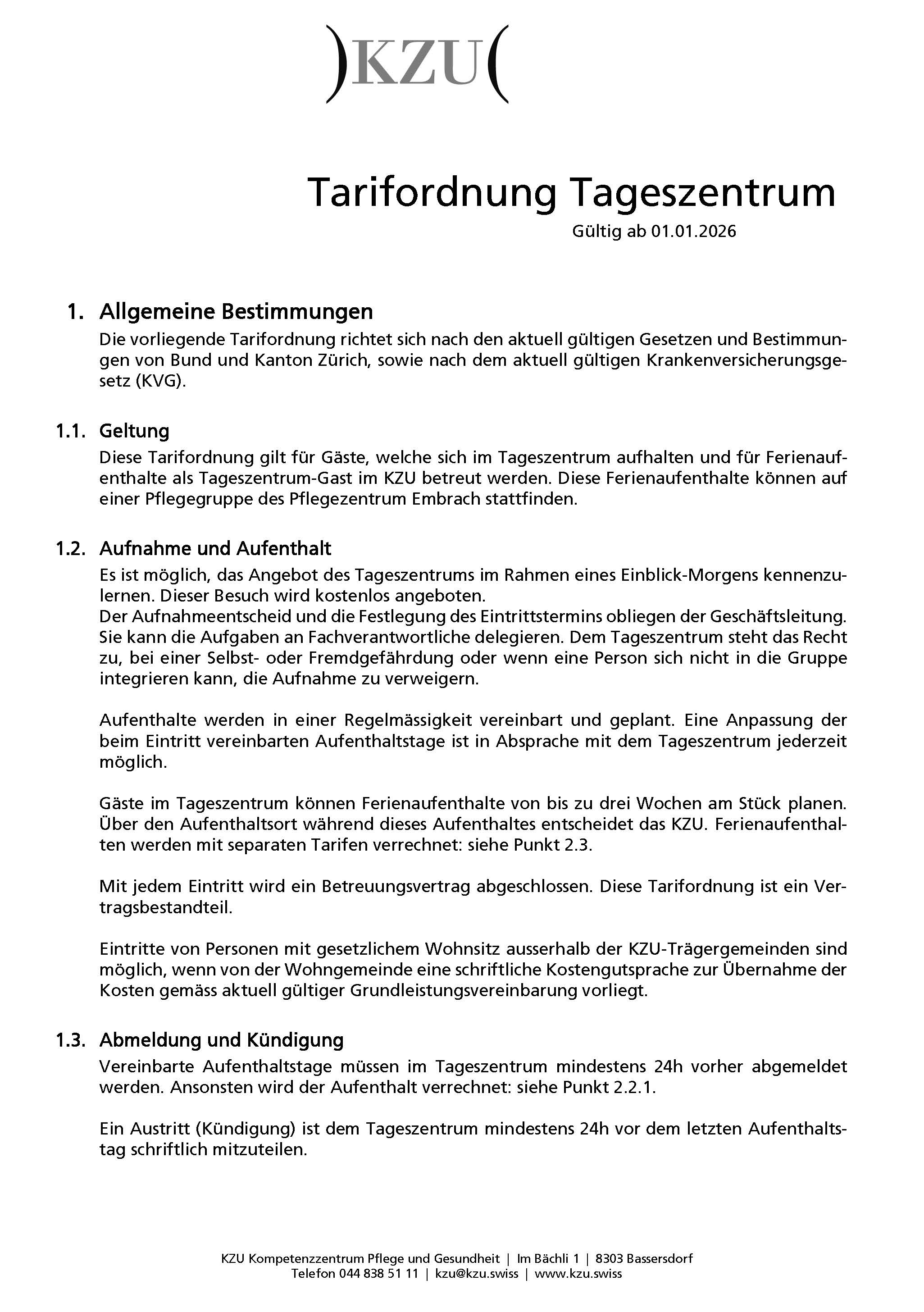 Tarifordnung Tageszentrum 2026